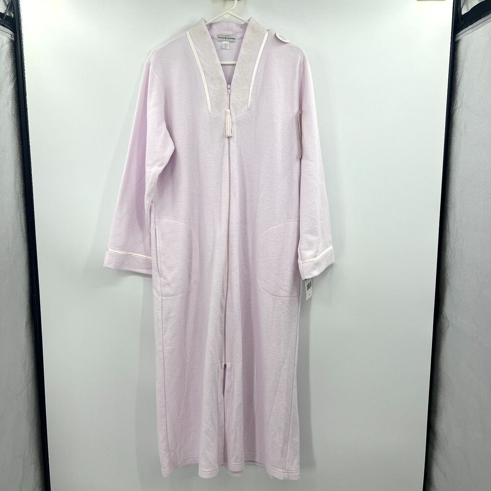Miss Elaine Pink Zip Front Robe House Coat Terry Embroidered Tassel L NWT